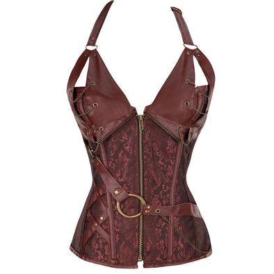 Plus Size Zip Up Steampunk Halter Leather Corset